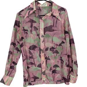 Vintage Loubella Extendables Shirt Womens 14/15 Mushroom Dagger Collar Sheer 70s